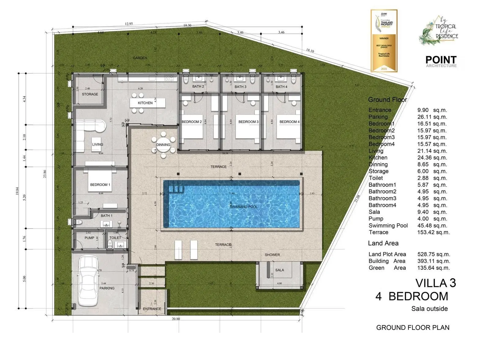 3-4 Villas avec 3-4 chambres, piscine et vue sur jardin près de la plage de Maenam   Sur plan