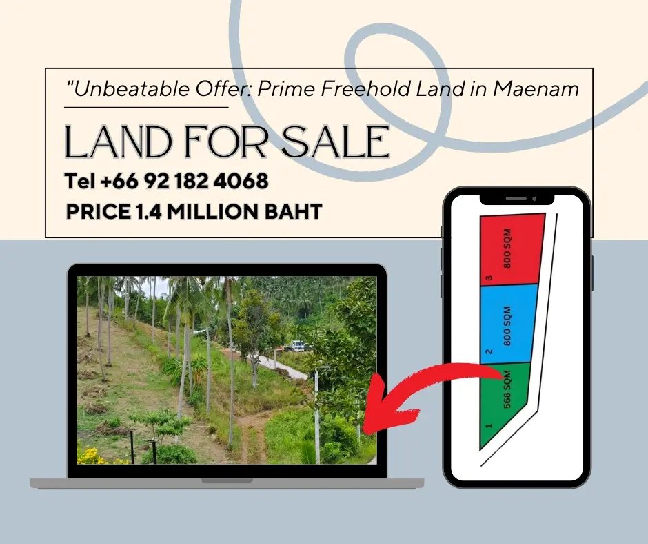 "Valeur Exceptionnelle : Terrain de 568 sqm en pleine propriété avec titre Chanote à Maenam, Koh Samui !"