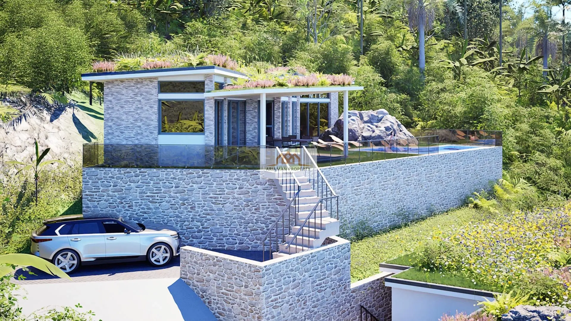 บ้านชั้นเดียวสไตล์โมเดิร์นพร้อมวิวที่สวยงามและสระว่ายน้ำส่วนตัวในมะเร็ต เกาะสมุย