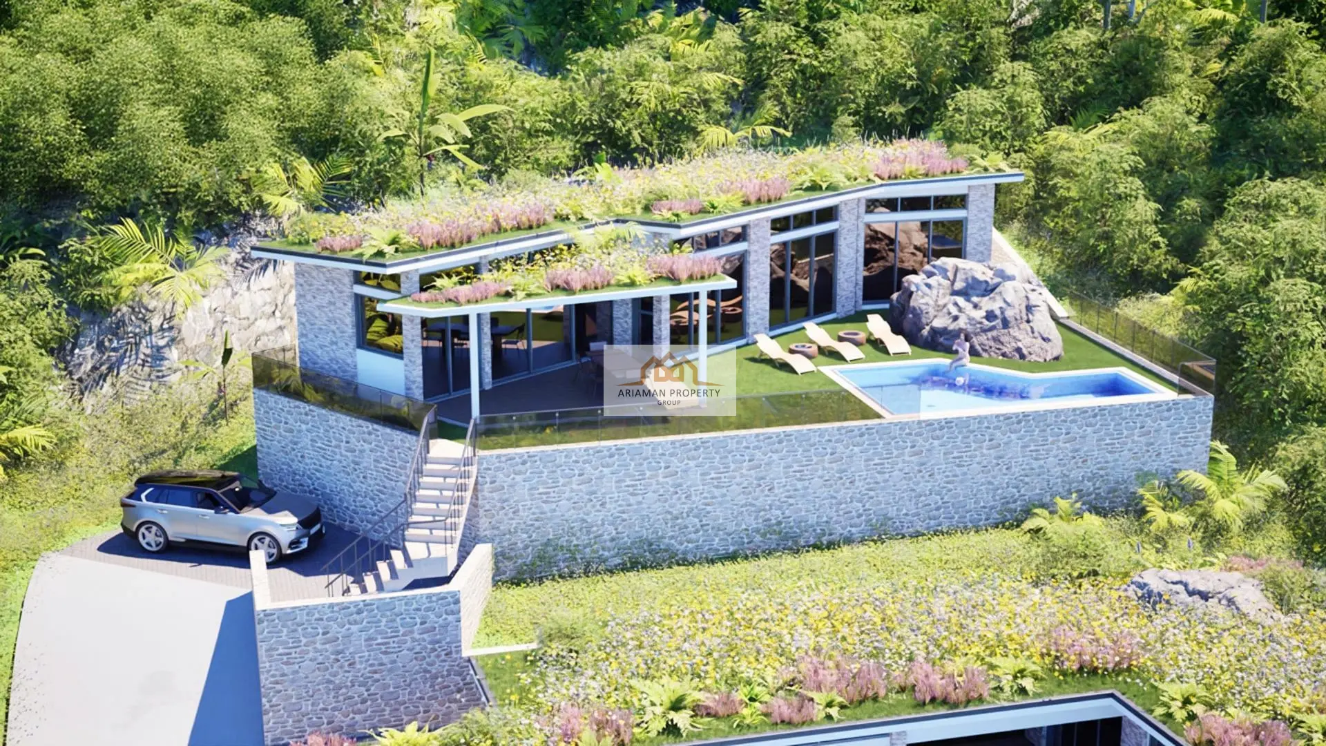 บ้านชั้นเดียวสไตล์โมเดิร์นพร้อมวิวที่สวยงามและสระว่ายน้ำส่วนตัวในมะเร็ต เกาะสมุย