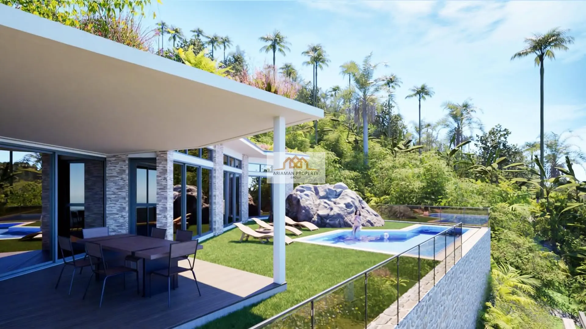 บ้านชั้นเดียวสไตล์โมเดิร์นพร้อมวิวที่สวยงามและสระว่ายน้ำส่วนตัวในมะเร็ต เกาะสมุย